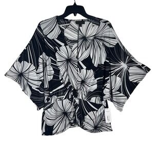 Bold Elements Black & White Floral Kimono Sleeve Tie Front Top Blouse XL NEW